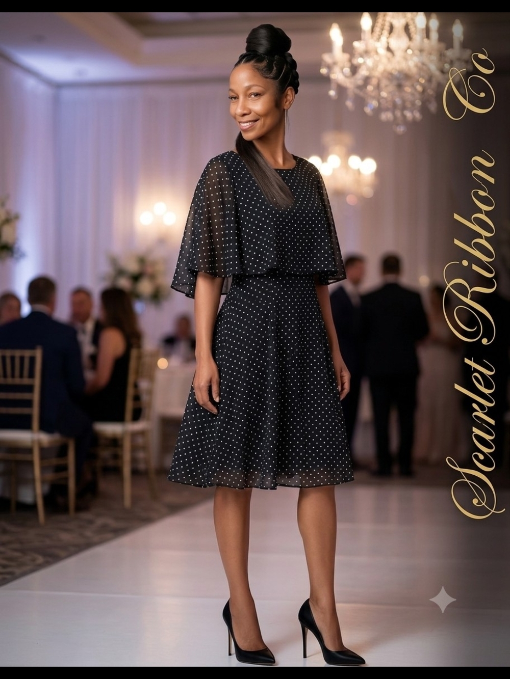 ✨️Danny and Nicole Black & White Polka Dot Chiffon Cape Overlay Dress✨️